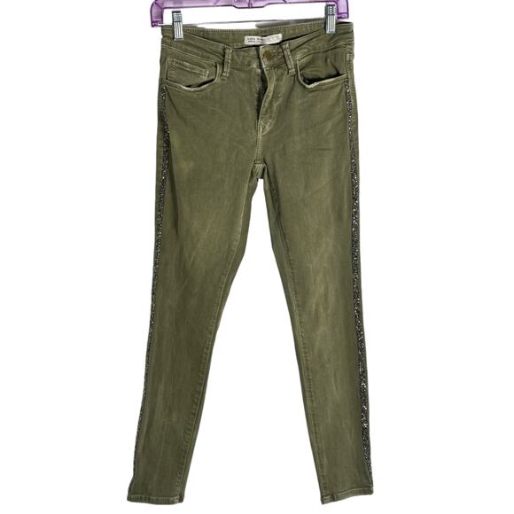 Zara Basic Stretch Skinny Jeans Size 06 Olive Rhinestone Embellished Distressed - Picture 1 of 7
